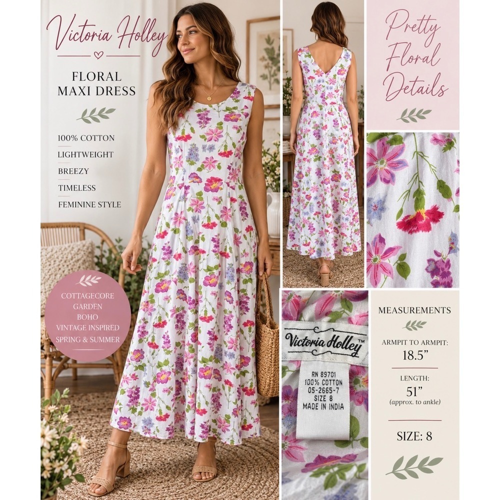 Victoria Holley Maxi Dress Floral Sleeveless Fit & Flare Cottagecore 100% Cotton